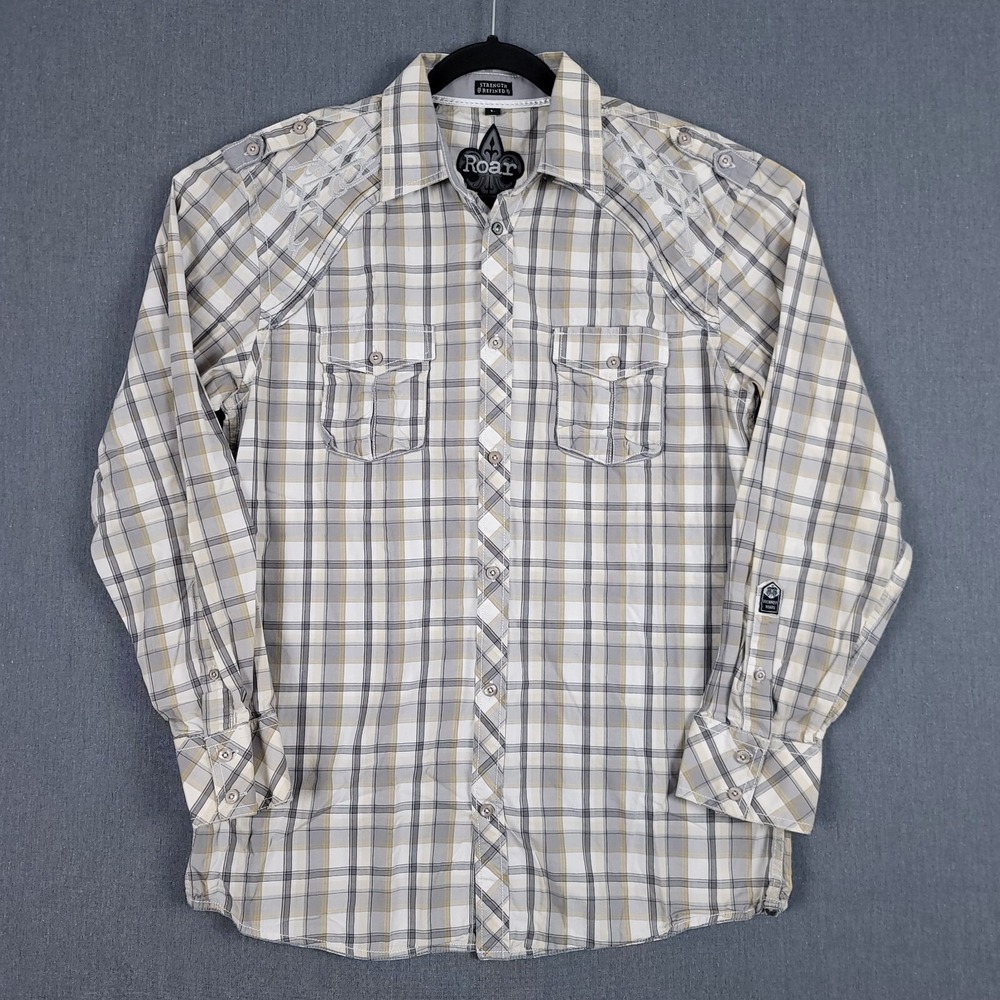 ROAR Shirt Mens Size Large Gray Plaid Long Sleeve Embroidered Button Up Prospect